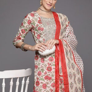 Pure Cotton Kurta Sets For Women - Beige Ethnic Motifs Printed Empire Kurta With Palazzo & Dupatta - Summer / Office Wear - Indian Dress