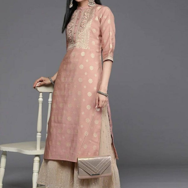 Silk Kurta For Indian Party Wear Pink & Gold Yoke Design Embroidered Silk Kurta Indian Kurta Gift For Women Pakistani Salwar Suit Tunics