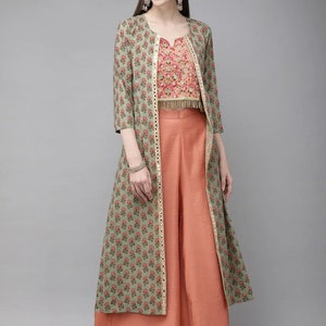 Party Wear Dress Peach Self-Design Top with Solid Palazzos Indo Western Ethnic Set for women Embroidered Crop top with palazzo and shrug