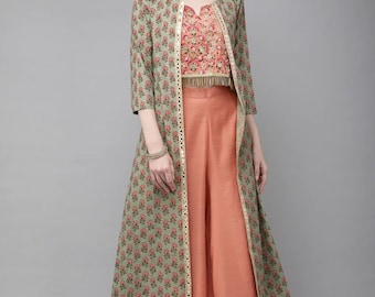 Party Wear Dress Peach Self-Design Top with Solid Palazzos Indo Western Ethnic Set for women Embroidered Crop top with palazzo and shrug