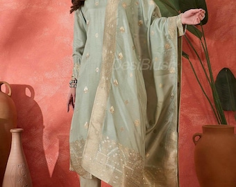 Indian Party Wear Dress For Women - Grey Embroidered Silk Kurta With Palazzos & Dupatta - Salwar Kameez Set - Ethnic Set - Indian Dress