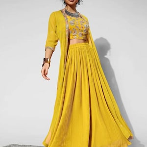 Party Wear Dress Mustard Self design Top With Solid Palazzos Indo