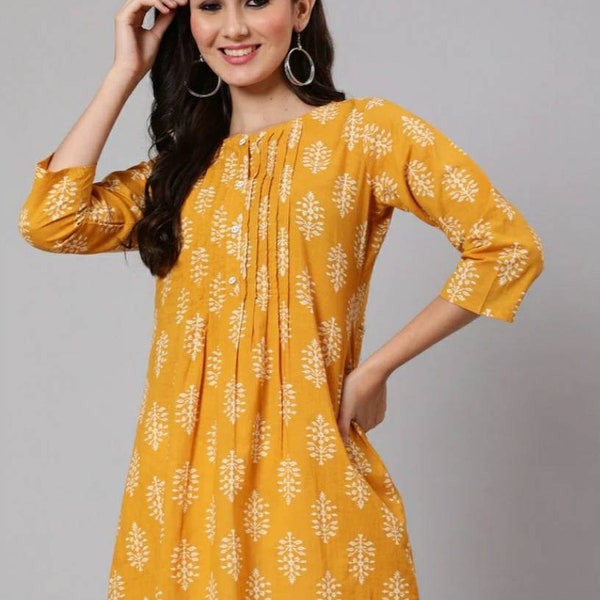 Indian Tunics For Women - Mustard & White Printed Cotton Summer Tunic Top - Kurti For Women - Short Kurta Top - Summer Tops Tees