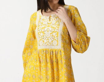 Tunica per le donne Giallo Chikankari Yoke stampato in cotone Kurta Kurtis per le donne Estate Top T-shirt T-shirt Plus Size Boho Tops Camicetta Regalo per lei