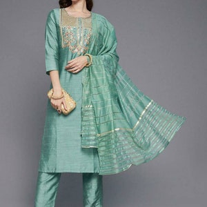 Indian Dress For Women Sea Green Ethnic Motifs Zari Embroidered Kurta With Trousers & Dupatta - Salwar Kameez Set - Indian Party Wear Dress