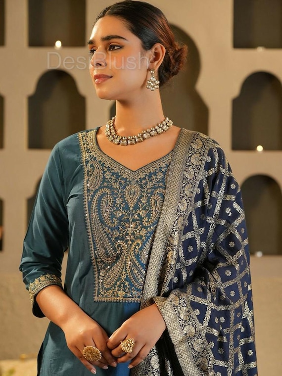 Indian Dress for Women - Blue and Gold Yoke Design Zari Kurta With Trousers  & Dupatta - Salwar Kameez Set - Indian Party Wear Dress - Etsy