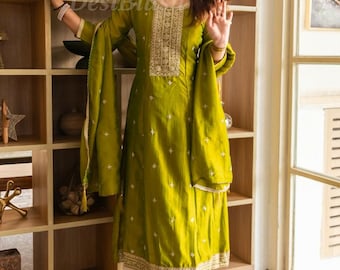 Indian Party Wear Dress For Women - Green Embroidered Silk Kurta With Palazzos & Dupatta Salwar Kameez Set - Ethnic Set Indian Dress