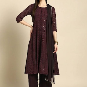 Anarkali Kurta Set - Burgandy Ethnic Motifs Embroidered Kurta With Plazzos & With Dupatta - Salwar Kameez Set - Kurti With Pant