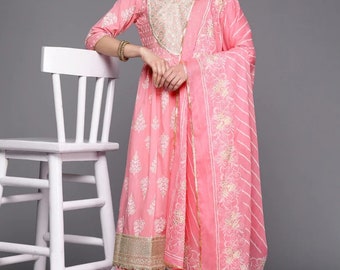 Conjuntos Kurta de algodón puro para mujer - Kurta de algodón con abertura alta bordada rosa con palazzo y dupatta - Vestido indio Salwar Kameez de verano
