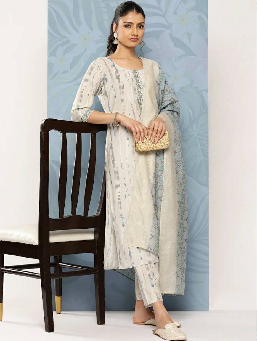 Grey Kurta With Trousers & Dupatta - Silk Kurta Set - Party Wear Dress Salwar Kameez Dupatta Set - Wedding Wear Salwar Suit