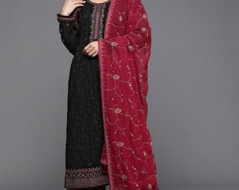 Indian Dress For Women - Black Floral Embroidered Thread Work Kurta With Trousers & Dupatta - Salwar Kameez Set - Indian Party Wear Dress