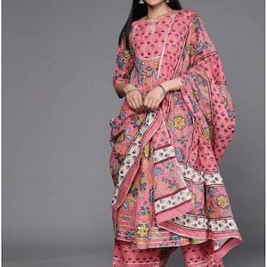 Anarkali kurta Set - yoke Design Printed A - Line Kurta With Trouser & Dupatta - Cotton Party Wear Kurta Sets - Indian Dress