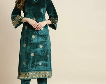 Indian Party Wear Dress For Women - Teal Blue & Gold Velvet Kurta - Kurtis For Women - XXS Kurta Dress - Indian Tunic Top - Ethnic Wear