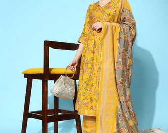 Indian Party/Wedding Wear For Women - Yellow Printed Gotta Patti Kurta With Trouser & Dupatta - Indian Dress - Pakistani Salwar Kameez Suits