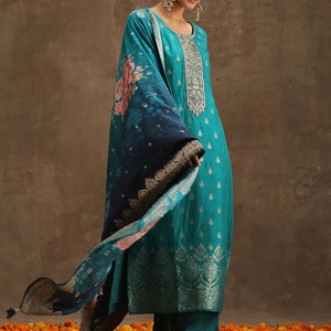 Silk Kurta Sets For Women - Teal Green Embroidered Pure Silk Kurta With Trousers - Indian Party Wear - Salwar Kameez Set - Indian Dress