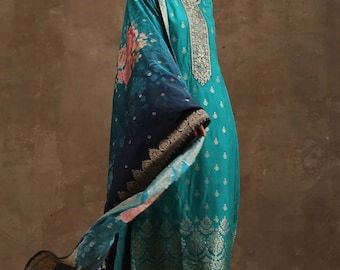 Silk Kurta Sets For Women - Teal Green Embroidered Pure Silk Kurta With Trousers - Indian Party Wear - Salwar Kameez Set - Indian Dress