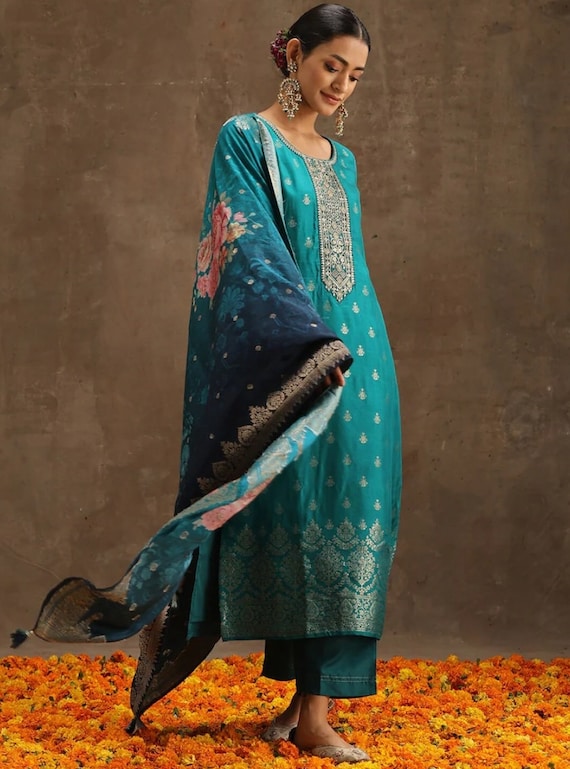 Silk Kurta Sets For Women - Teal Green Embroidered Pure Silk Kurta With Trousers - Indian Party Wear - Salwar Kameez Set - Indian Dress
