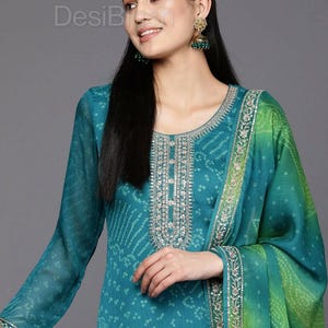 Indian Dress For Women - Turquoise Bandhani Printed Kurta With Trousers & Dupatta - Salwar Kameez Set - Indian Party Wear Dress
