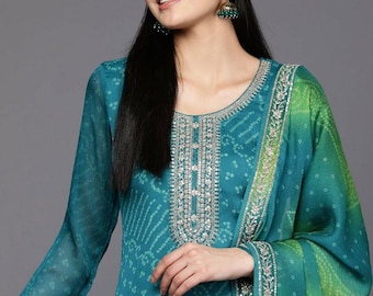 Indian Dress For Women - Turquoise Bandhani Printed Kurta With Trousers & Dupatta - Salwar Kameez Set - Indian Party Wear Dress