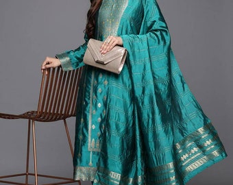 Kurta bleu turquoise avec pantalon et dupatta - Ensemble kurta en soie - Ensemble Derss Salwar Kameez Dupatta pour tenues de soirée - Costume Salwar pour mariage
