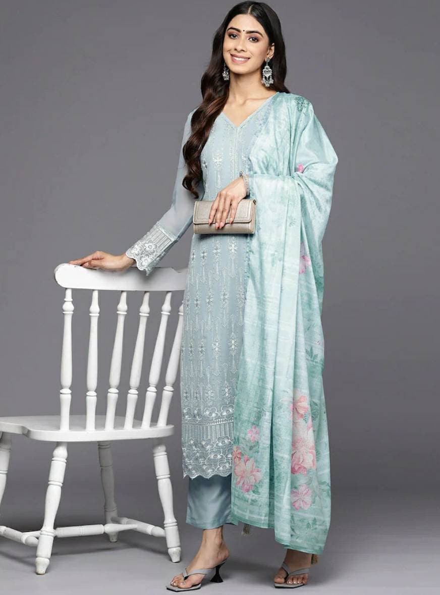 Indian Party Wear Dress For Women - Blue Embroidered Thread Kurta With Trouser & Dupatta - Salwar Kameez Set - Ethnic Set - Indian Dress