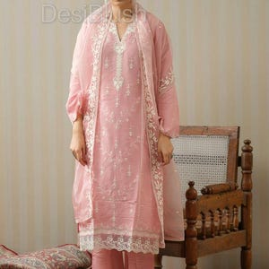 Indian Party Wear Dress For Women - Pink Embroidered Silk Kurta With Trousers & Dupatta - Salwar Kameez Set - Ethnic Set - Indian Dress