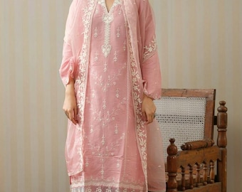 Indian Party Wear Dress For Women - Pink Embroidered Silk Kurta With Trousers & Dupatta - Salwar Kameez Set - Ethnic Set - Indian Dress
