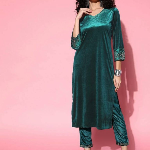 Velvet Kurta Tunic For Women, Green & Gold Embroidered Velvet Kurti For Women, Party Wear Kurti Dress, Winter Wear, Indian Dress