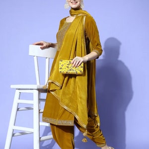 Party Wear Kurta Sets For Women - Mustard Zari Embroidered Velvet Kurta with Dhoti Pant & Dupatta - Indian Winter Wear - Salwar Kameez