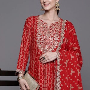 Party Wear Kurta Set - Women Red Ethnic Motifs Yoke Design Thread Work Embroidery Kurta Set - Indian Wedding Dress - Salwar Kameez Set