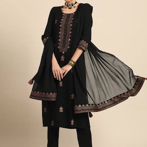 Kurta Sets For Women - Black Yoke Design Printed Kurta with Trousers & Dupatta - Indian Party Wear - Salwar Kameez Set - Indian Party Wear
