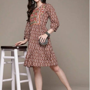Indian Tunic - Brown & White Ethnic Motifs Embroidered A-Line Dress - Tunic For Women - Summer Tops And Tees - Indian Dress- Ethnic Wear -