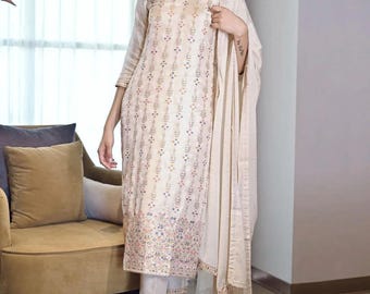 Party Wear Indian Dress - Cream Zari Embroidered Kurta With Trousers & Dupatta - Silk Kurta Set - Salwar Kameez - Wedding Wear Salwar Suit