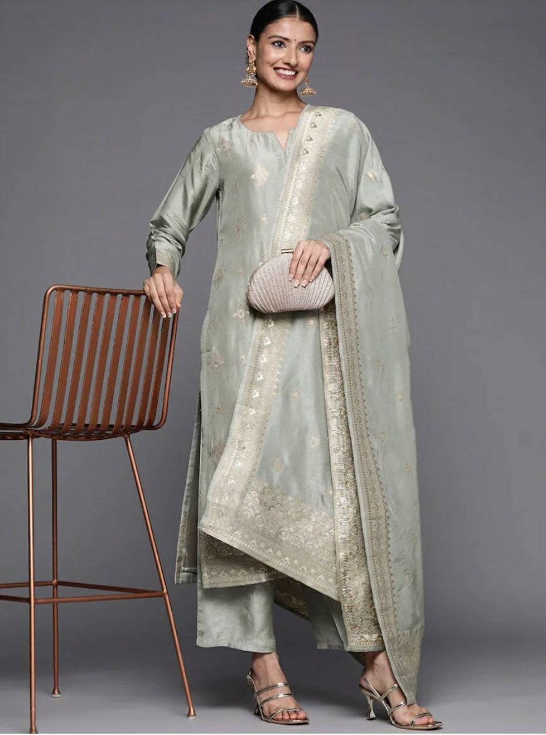 Indian Party Wear Dress for Women Grey Embroidered Silk Kurta With