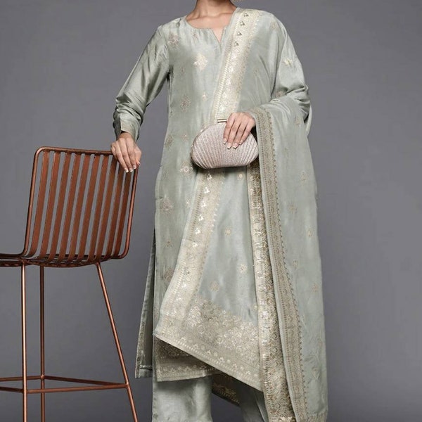 Indian Party Wear Dress For Women - Grey Embroidered Silk Kurta With Palazzos & Dupatta - Salwar Kameez Set - Ethnic Set - Indian Dress