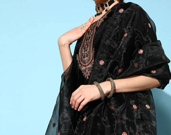 Velvet Kurta Set For Women - Black Velvet Kurta With Trouser With Dupatta - Indian Party Wear - Plus Size Kurta With Palazzos - Indian Dress