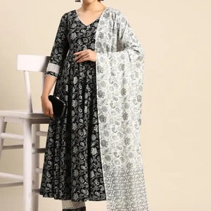 Pure Cotton Kurta Sets For Women - Black Ethnic Motifs Printed Empire Kurta With Trouser & Dupatta - Summer / Office Wear - Indian Dress