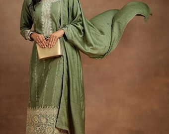 Party Wear Indian Dress - Green Zari Embroidered Pure Silk Kurta With Trousers & Dupatta - Salwar Kameez - Wedding Wear Salwar Suit