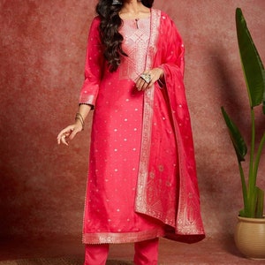 Indian Party/Wedding Wear For Women - Pink Embroidered Kurta With Palazzo & Dupatta - Indian Dress - Pakistani Salwar Kameez Suits