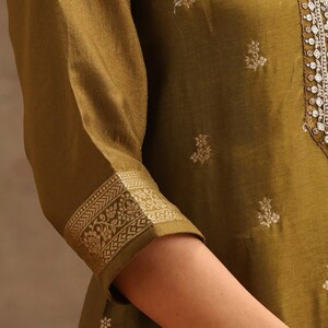 Silk Kurta Sets For Women Olive Green Embroidered Pure Silk Kurta