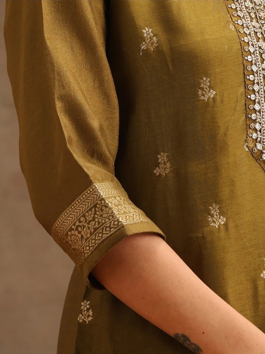 Olive Green - Plain Solid Slub Silk Kurta with Beadwork Hand Embroidery Lace 01