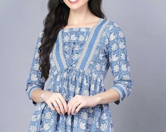 Tuniques pour femmes | Haut kurti imprimé bleu et blanc | Short Kurta | Tuniques indiennes | Vêtements d'été indiens pour femmes | Hauts T-shirts | Kurta ethnique