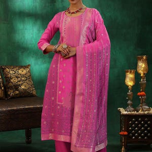 Party Wear Indian Dress For Women - Pink Zari Embroidered Silk Kurta With Trousers & Dupatta Salwar Kameez Set - Ethnic Set Indian Dress