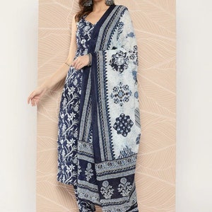 Pure Cotton Sleeveless Kurta Sets For Women - Blue Printed Gotta Patti Kurta With Trousers & Dupatta - Summer Wear Kurta Set - Indian Dress