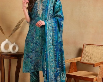 Indian Dress For Women Teal Blue Ethnic Motifs Embroidered Kurta With Trousers & Dupatta - Salwar Kameez Set - Indian Party Wear Dress