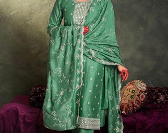 Green Zari Embroidered Kurta With Trousers & Dupatta - Silk Kurta Set - Party Wear Indian Dress - Salwar Kameez - Wedding Wear Salwar Suit