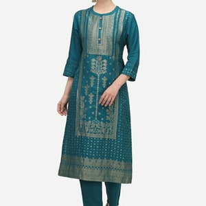 Party Wear Kurta Set -Teal Woven Design Jacquard Bandhani Kurta With Trousers  - Indian Party Wear Dress - Kurta With Plazzos