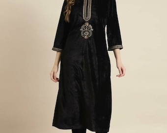 Indian Party Wear Dress For Women - Black & Gold Velvet Kurta - Kurtis For Women - XXS Kurta Dress - Indian Tunic Top - Ethnic Wear