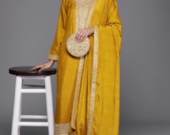 Silk Kurta Sets For Women - Mustard Yellow Embroidered Pure Silk Kurta With Trousers - Indian Party Wear - Salwar Kameez Set - Indian Dress