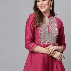 Indian Party Wear Dress For Women Pink & Silver Embroidered Silk Kurti For Women Gift Short Kurta Dress Indian Tunic Top Ethnic Wear Blouse